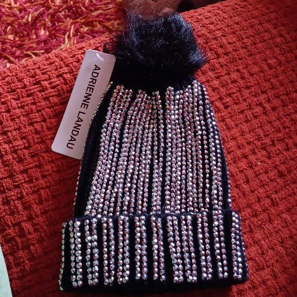 Adrienne Landau Black Bling Pom Beanie - Picture 3 of 6